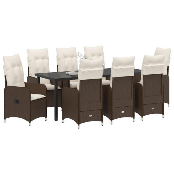 9-teiliges Garten-Dining-Set mit Kissen Braun Poly-Rattan