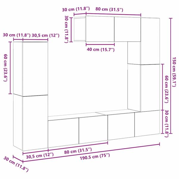 7 Teile TV Schrank Set Wandmontiert Old Wood Engineered Wood