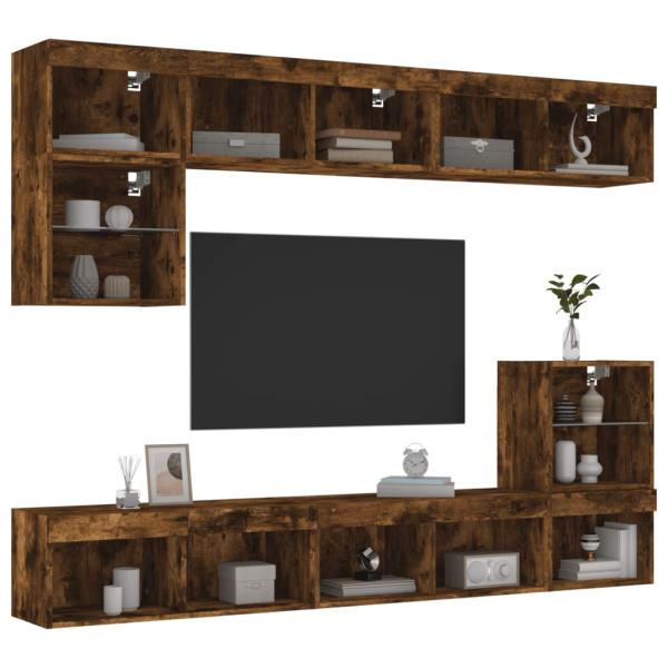 ARDEBO.de - 8-tlg. Wohnwand mit LED-Beleuchtung Räuchereiche Holzwerkstoff