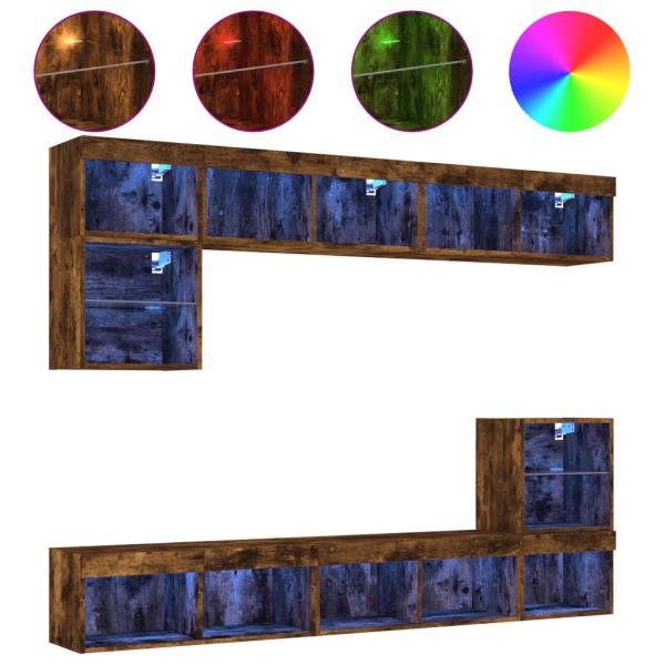 8-tlg. Wohnwand mit LED-Beleuchtung Räuchereiche Holzwerkstoff