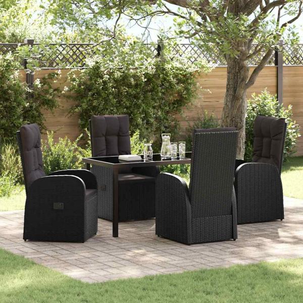 ARDEBO.de - 5-teiliges Garten-Esstisch-Set mit Kissen Schwarz Poly Rattan