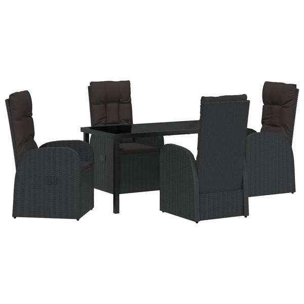 5-teiliges Garten-Esstisch-Set mit Kissen Schwarz Poly Rattan