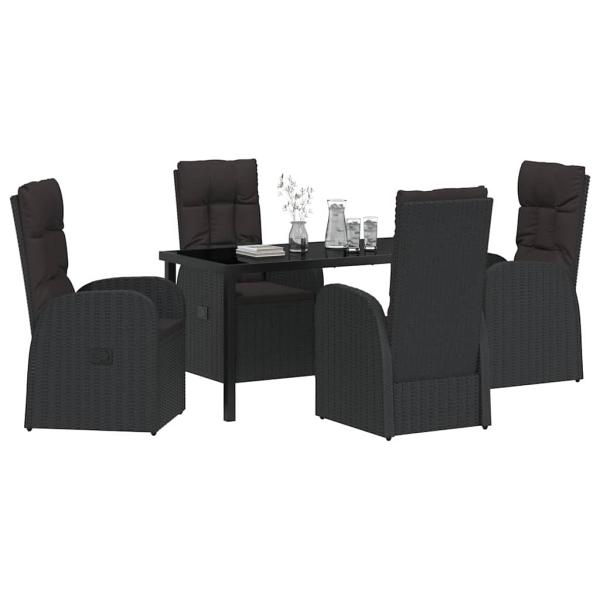 5-teiliges Garten-Esstisch-Set mit Kissen Schwarz Poly Rattan