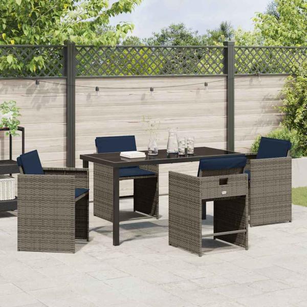 5-teiliges Garten-Essgruppen-Set mit Kissen grau Poly-Rattan