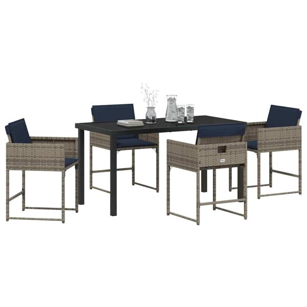 5-teiliges Garten-Esstischset mit Kissen Grau Poly-Rattan