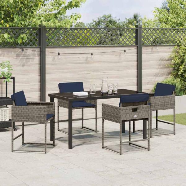 5-teiliges Garten-Esstischset mit Kissen Grau Poly-Rattan