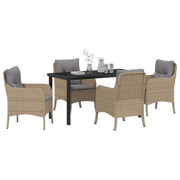 5-teiliges Garten-Dining-Set mit Kissen Beige Poly-Rattan