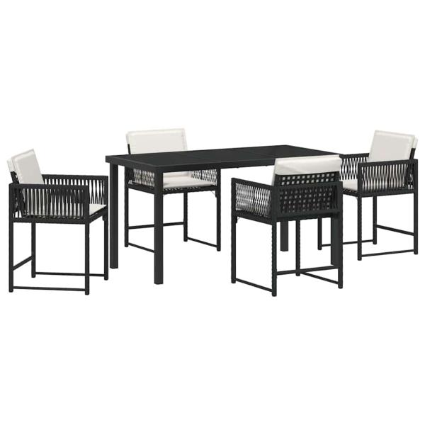 5-teiliges Garten-Esszimmer-Set mit Kissen Schwarz Poly Rattan