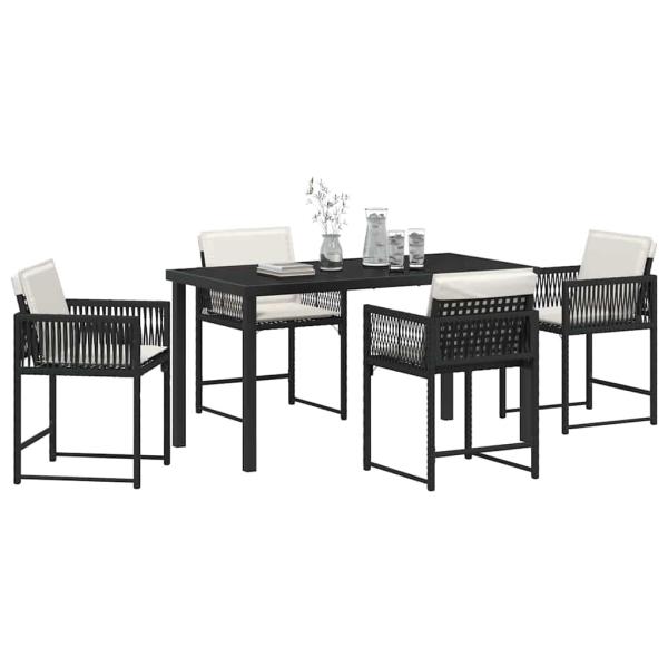 5-teiliges Garten-Esszimmer-Set mit Kissen Schwarz Poly Rattan