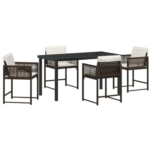 5-teiliges Garten-Ess-Set mit Kissen Braun Poly-Rattan
