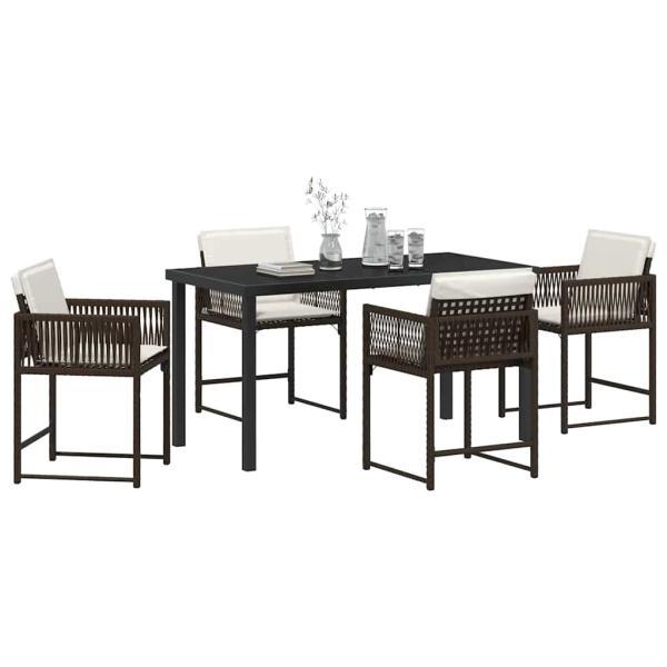 5-teiliges Garten-Ess-Set mit Kissen Braun Poly-Rattan