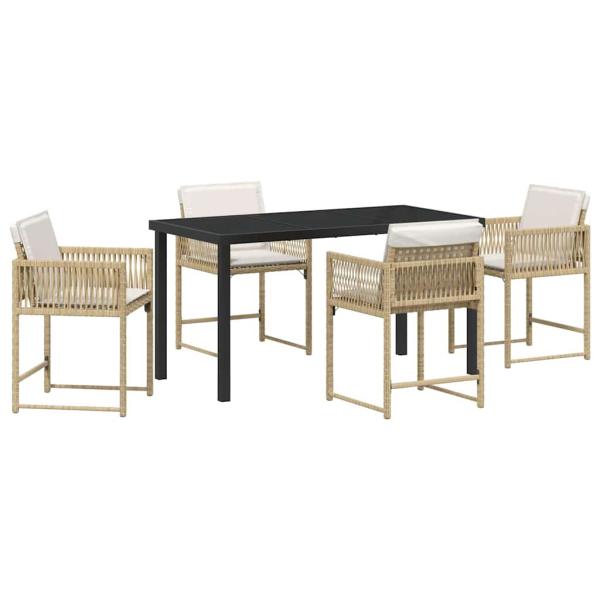 5-teiliges Garten-Ess-Set mit Kissen in beigem Poly-Rattan