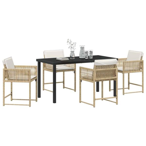 5-teiliges Garten-Ess-Set mit Kissen in beigem Poly-Rattan