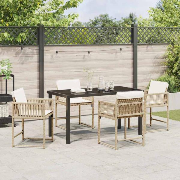 5-teiliges Garten-Ess-Set mit Kissen in beigem Poly-Rattan