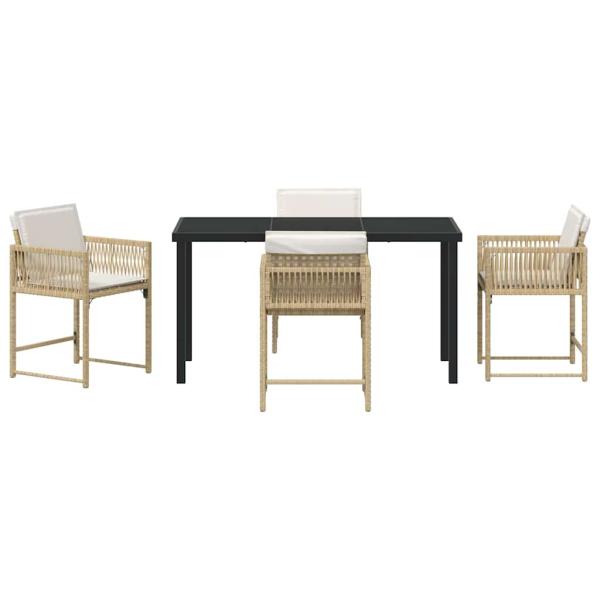 5-teiliges Garten-Ess-Set mit Kissen in beigem Poly-Rattan