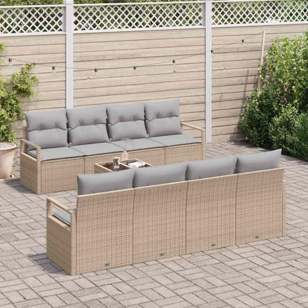 9-teiliges Garten Sofa Set mit Kissen Beige Poly Rattan