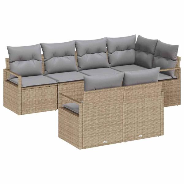 7-teilige Garten Sofa Set mit Kissen Beige Poly Rattan