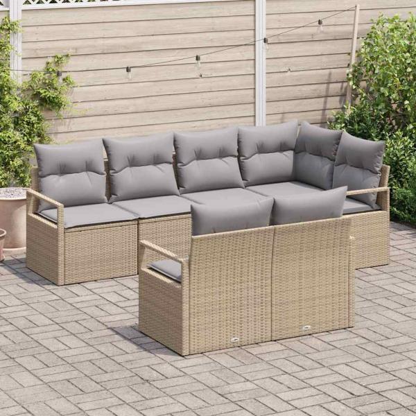 7-teilige Garten Sofa Set mit Kissen Beige Poly Rattan