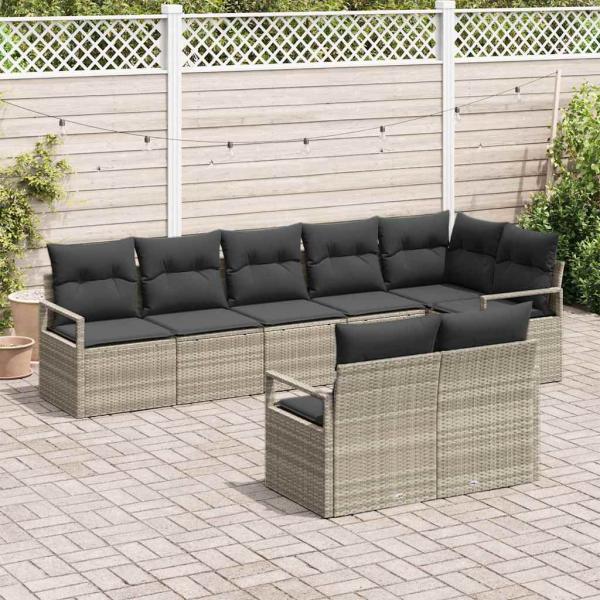 8-teiliges Garten Sofa Set mit Kissen Hellgrau Poly Rattan