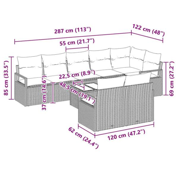 8-teiliges Garten Sofa Set mit Kissen Grau Poly Rattan