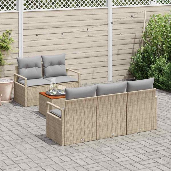 6-teiliges Garten Sofa Set mit Kissen Beige Poly Rattan Akazie