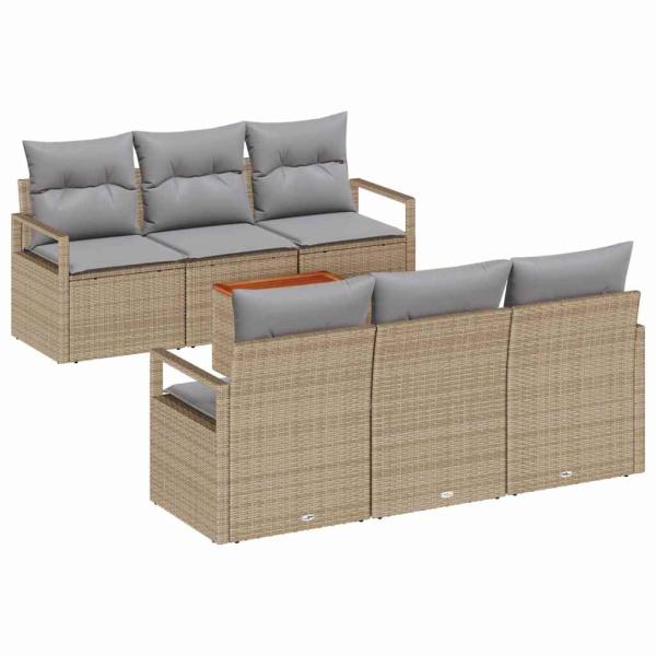 7-teiliges Garten Sofa Set mit Kissen Beige Poly Rattan Akazie