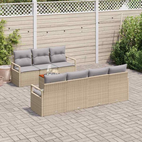 8-Teiliges Garten Sofa Set mit Kissen Beige Poly Rattan Akazie
