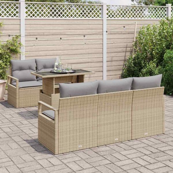 6-teiliges Garten Sofa Set mit Kissen Beige Poly Rattan