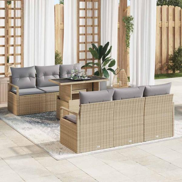 ARDEBO.de - 7-teiliges Garten Sofa Set mit Kissen Beige Poly Rattan