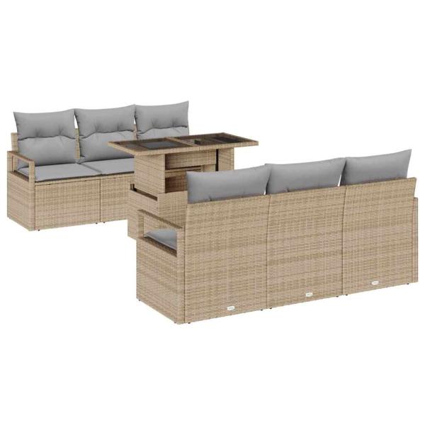 7-teiliges Garten Sofa Set mit Kissen Beige Poly Rattan