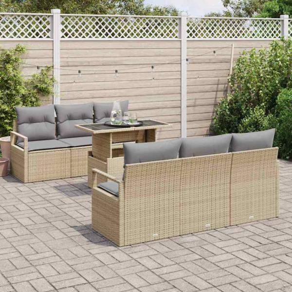 7-teiliges Garten Sofa Set mit Kissen Beige Poly Rattan