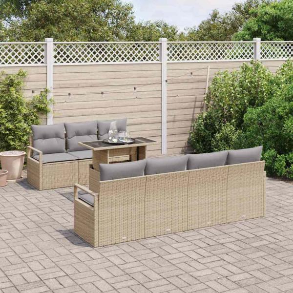 8-teiliges Garten Sofa Set mit Kissen Beige Poly Rattan