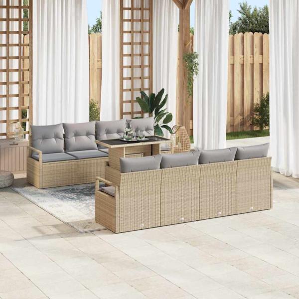 9-teiliges Garten Sofa Set mit Kissen Beige Poly Rattan