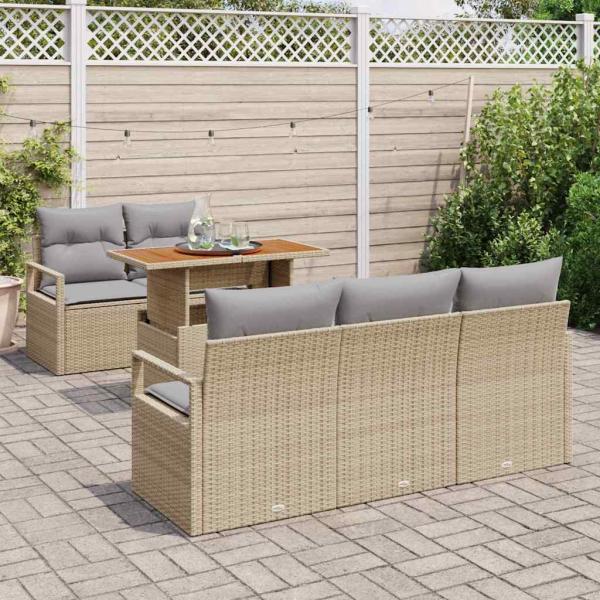6-teiliges Garten-Sofa-Set mit Kissen Beige Poly Rattan Akazie