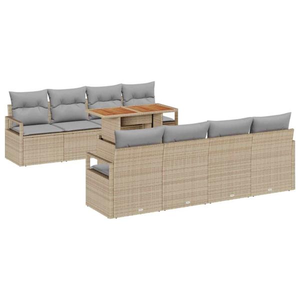 9-teiliges Garten Sofa Set mit Kissen Beige Poly Rattan Akazie