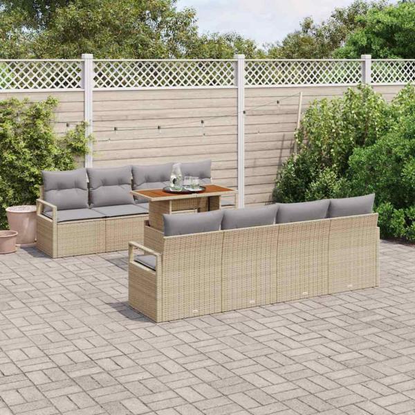 9-teiliges Garten Sofa Set mit Kissen Beige Poly Rattan Akazie