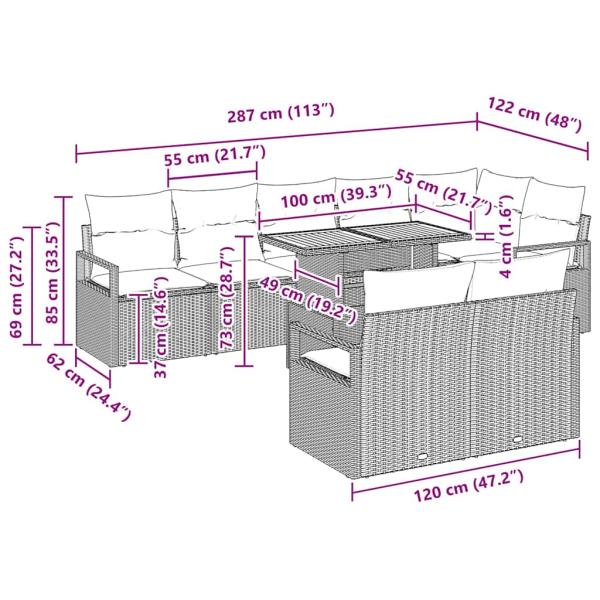 9-teiliges Garten Sofa Set mit Kissen Beige Poly Rattan Akazie