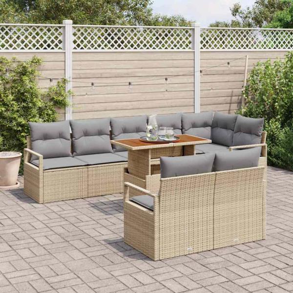 9-teiliges Garten Sofa Set mit Kissen Beige Poly Rattan Akazie