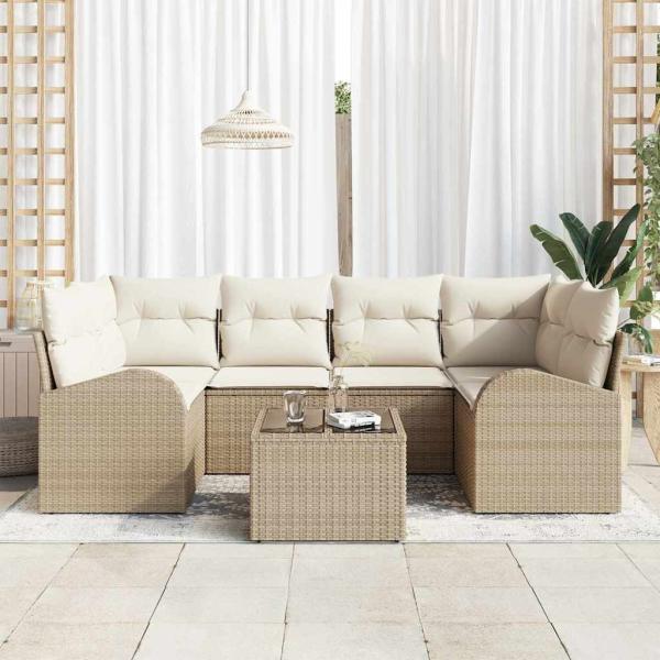7-teiliges Garten Sofa Set mit Kissen Beige Poly Rattan