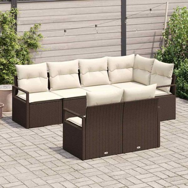 7-teiliges Garten Sofa Set mit Kissen Braun Poly Rattan
