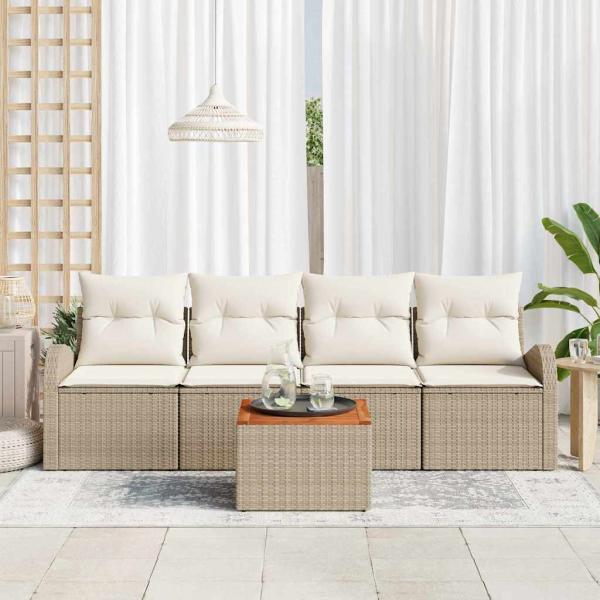 ARDEBO.de - 5-teiliges Garten Sofaset mit Kissen Beige Poly Rattan Akazie