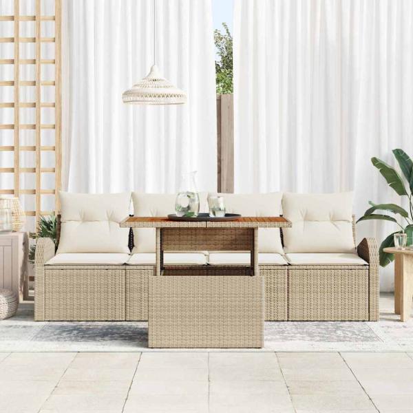 5-teiliges Garten Sofa Set mit Kissen Beige Poly Rattan