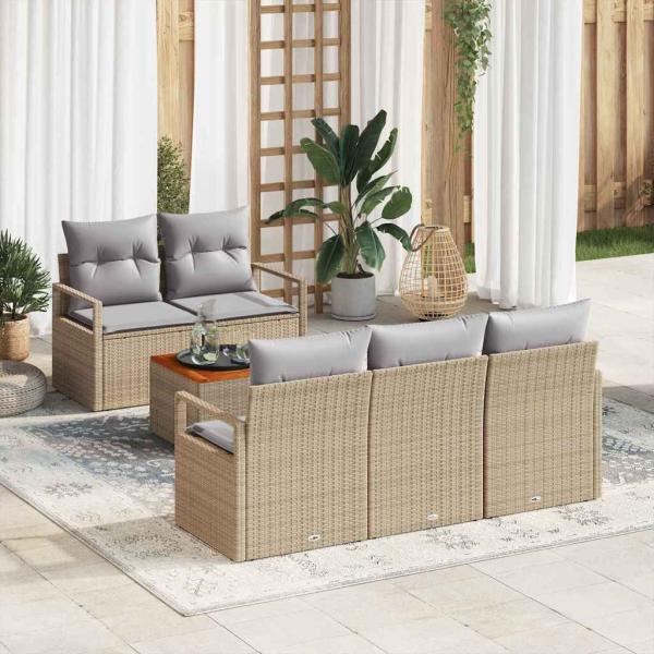 ARDEBO.de - 6-teilige Garten-Sofa-Set mit Kissen Beige Poly Rattan Akazie