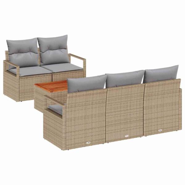 6-teilige Garten-Sofa-Set mit Kissen Beige Poly Rattan Akazie