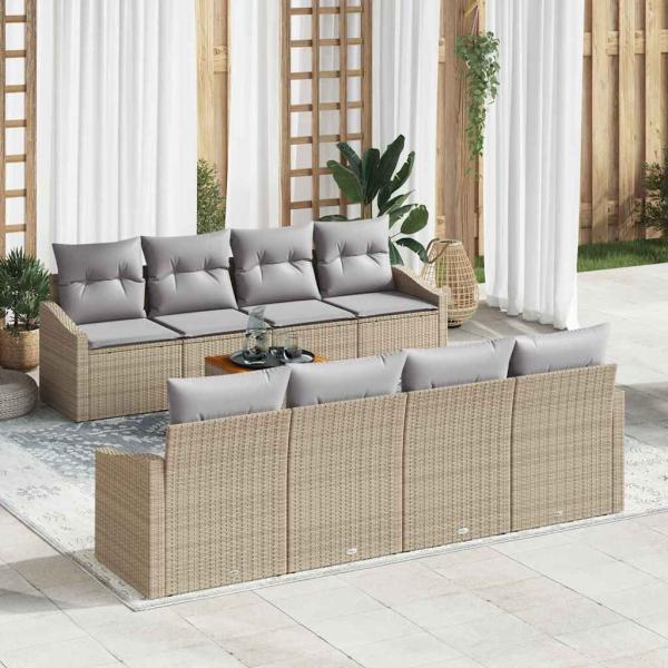 ARDEBO.de - 7-teiliges Garten Sofa Set mit Kissen Beige Poly Rattan Akazie