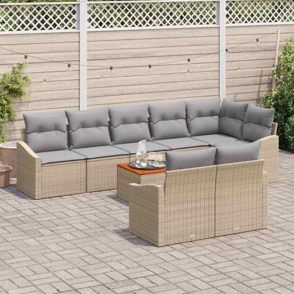 9-teiliges Garten Sofa Set mit Kissen Beige Poly Rattan Akazie