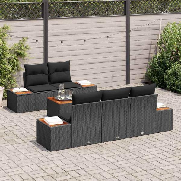 6-Teiliges Garten Sofa Set mit Kissen Schwarz Poly Rattan Akazie