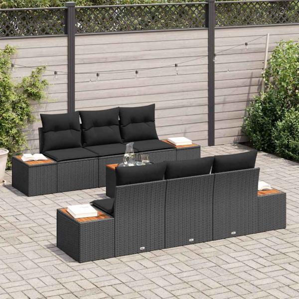 7-teiliges Garten-Sofa-Set mit Kissen Schwarz Poly-Rattan Akazie