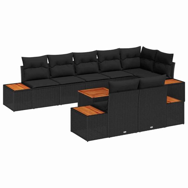 9-teiliges Garten-Sofa-Set mit Kissen Schwarz Poly-Rattan Akazie