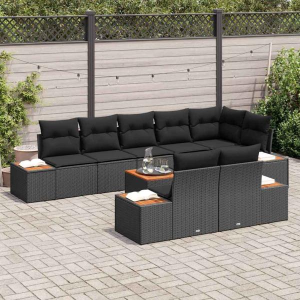 9-teiliges Garten-Sofa-Set mit Kissen Schwarz Poly-Rattan Akazie